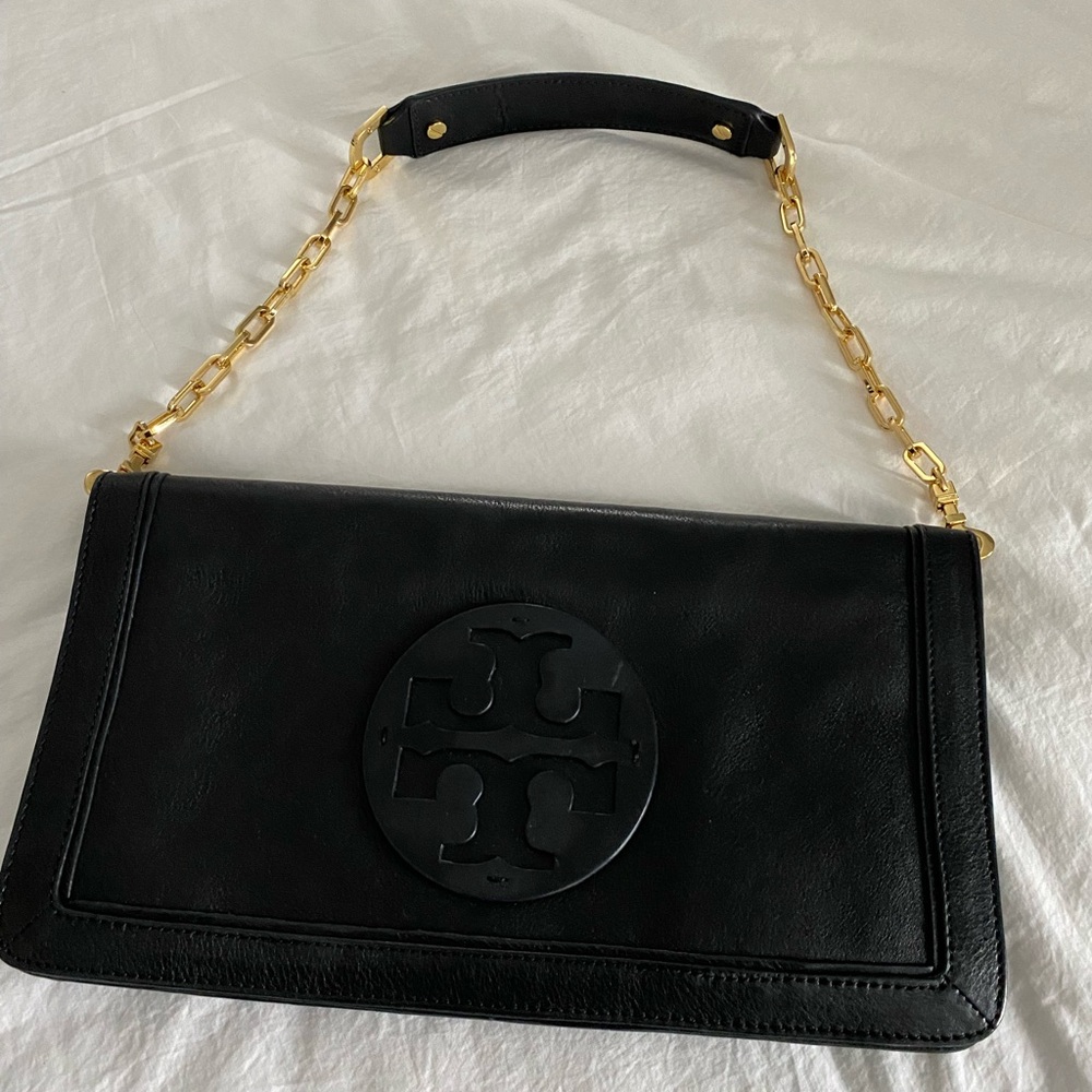 Tory Burch Black Leather Shoulder Bag with Gold Chain Strap